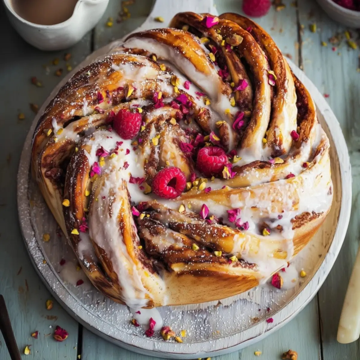 Gefüllter Hefekranz mit Himbeeren und Pistazien