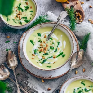 Cremige Kartoffel Bärlauchsuppe mit Pinienkernen