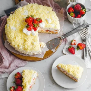 Heller Maulwurfkuchen mit Erdbeeren und Raffaelos