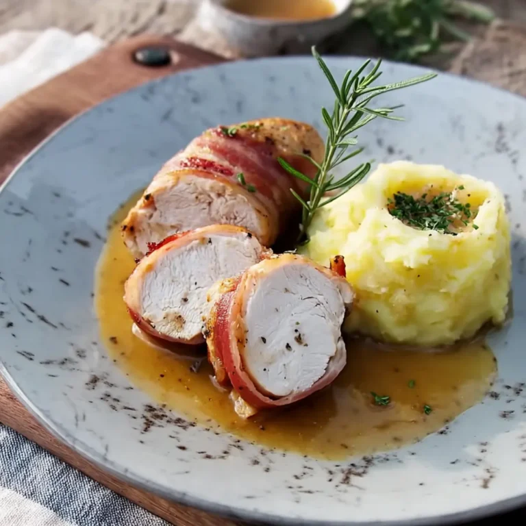Hähnchenbrust im Speckmantel mit Kartoffelstampf und Zitronen-Pfeffer-Sauce