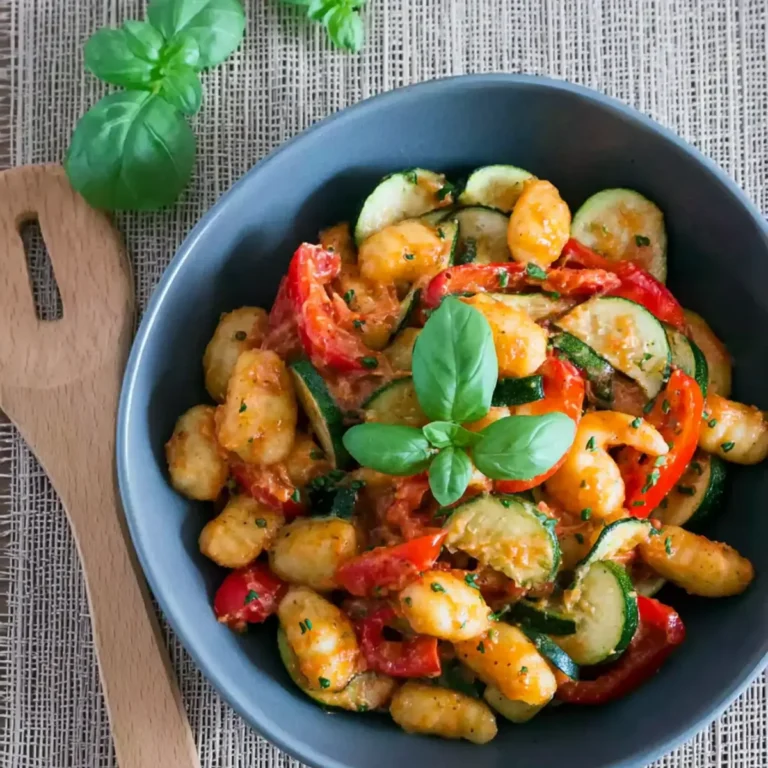 Lauwarmer Gnocchi Salat mit Paprika und Zucchini