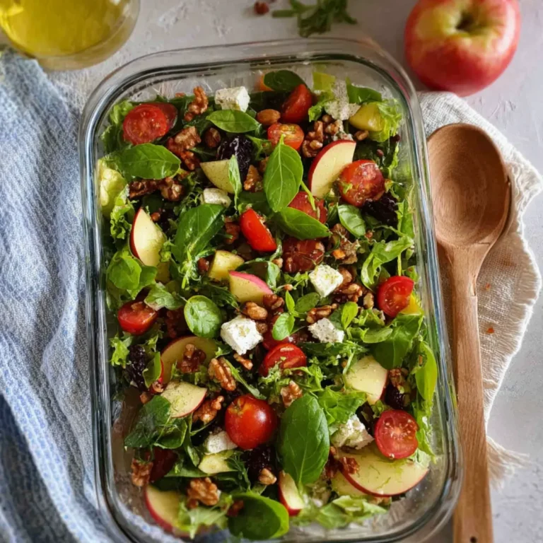 Salat mit Knoblauchdressing, Feta, Nüssen und Äpfeln