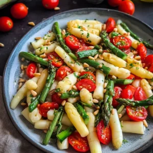 Spargelsalat mit grünem und weißem Spargel, Tomaten und Pinienkerne