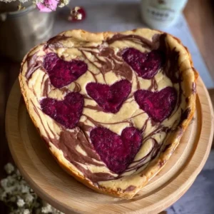 Veganer Käsekuchen mit Nutella Swirl und Himbeer Herzen