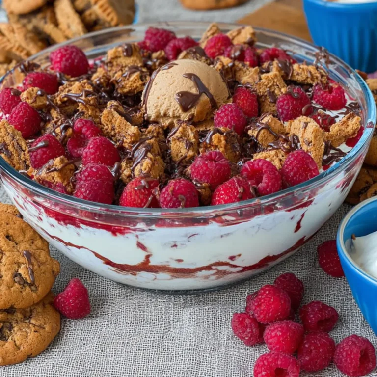 Dessert mit Himbeeren und Keksen