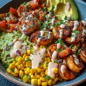 Gegrillte Garnelen Bowl mit Avocado Mais Salsa & Cremiger Sauce