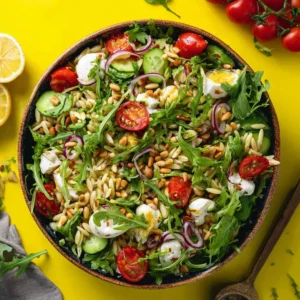 Kritharaki Salat mit Rucola und Pinienkernen