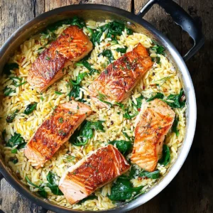 Lachs mit Zitronen Orzo aus einer Pfanne