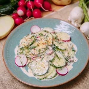 Mairübe Salat mit Gurken, Radieschen und Joghurtdressing