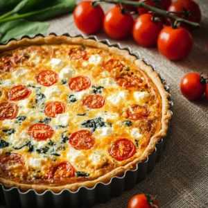 Quiche mit Tomaten, Feta, Basilikum und Spinat