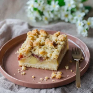 Rhabarberkuchen vom Blech mit Pudding und knusprigen Streusel