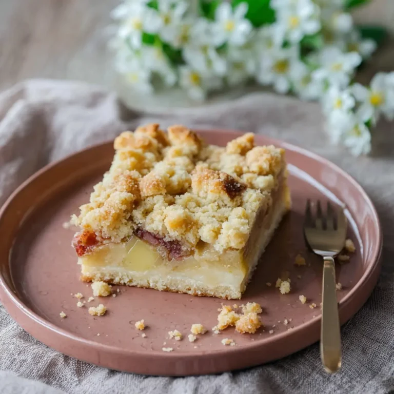Rhabarberkuchen vom Blech mit Pudding und knusprigen Streusel