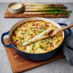 Spargelauflauf mit Kartoffeln und Schinken