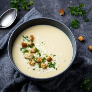 Spargelcremesuppe mit Croutons und Petersilie