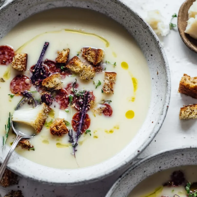 Spargelsuppe aus Spargelschalen mit Salami Chips und Croûtons