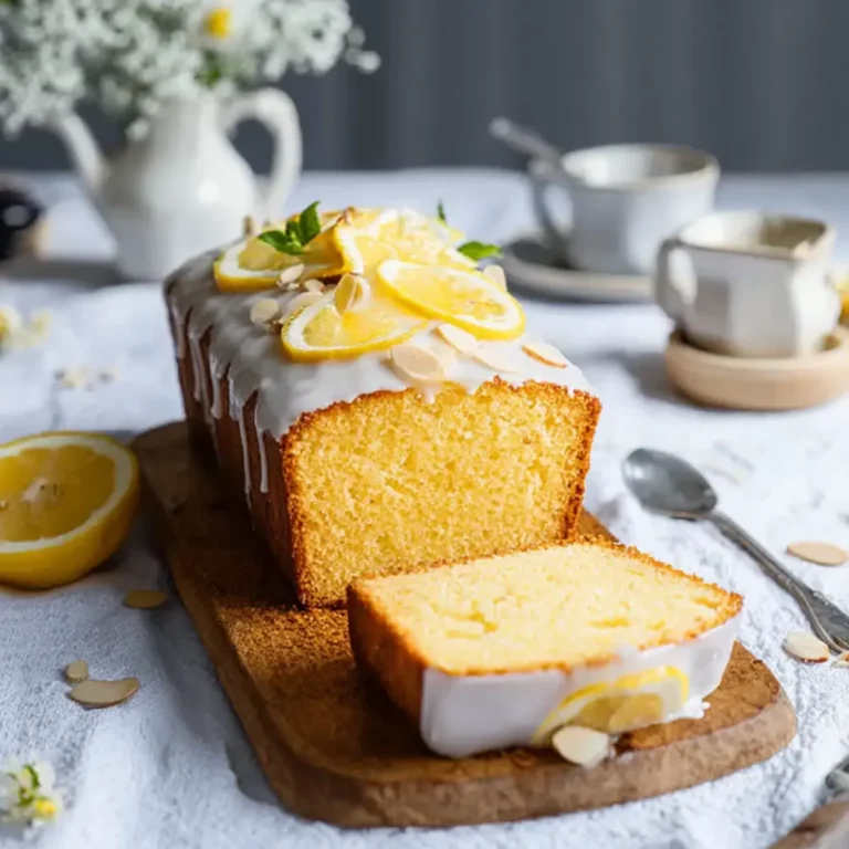 Zitronenkuchen mit Zitronenglasur und Mandeln aus der Kastenform