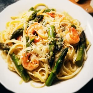 Zitronenpasta mit grünem Spargel und Garnelen