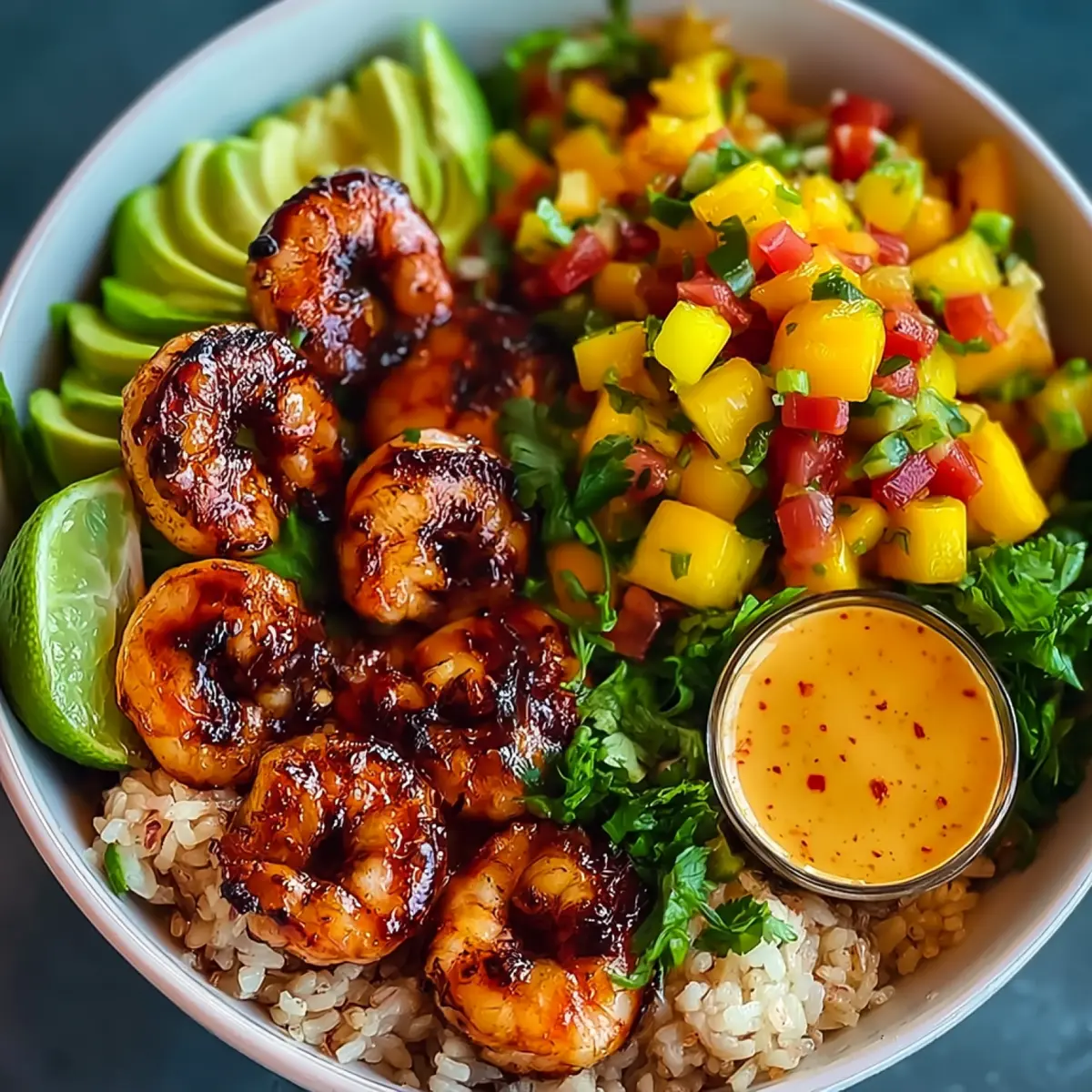 Garnelen und Avocado Bowls mit Mango Salsa und Limetten Chili Sauce