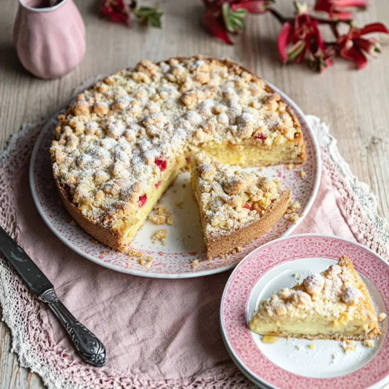 Omas Rhabarberkuchen mit Vanillepudding und Streusel