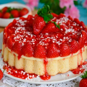 Erdbeerkuchen mit Pudding aus Biskuitteig