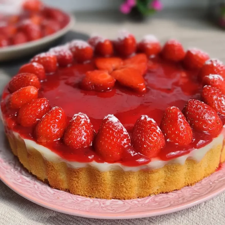 Erdbeerkuchen mit Pudding und Biskuitboden