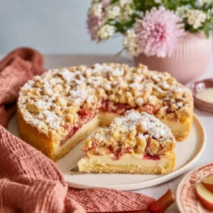 Rhabarber Streuselkuchen mit Vanillepudding
