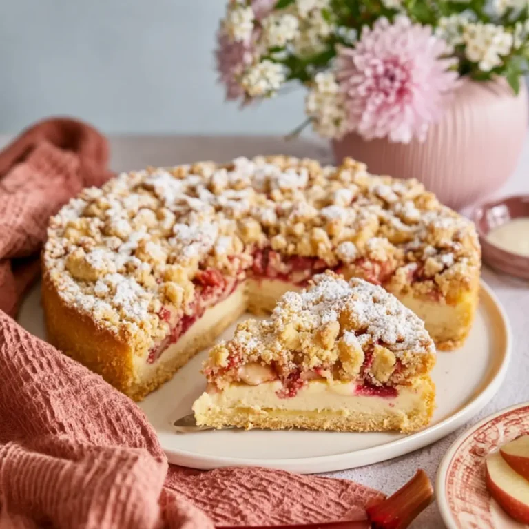 Rhabarber Streuselkuchen mit Vanillepudding