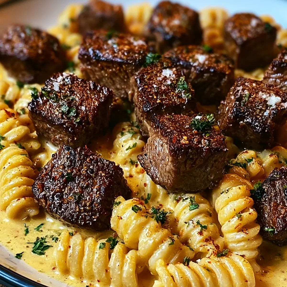 Cremige Knoblauch-Butter-Steakstückchen mit würzigen Cajun-Alfredo-Drehnudeln