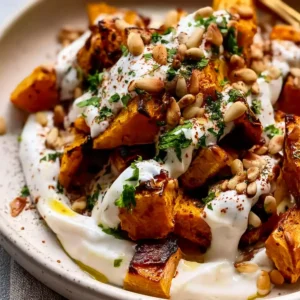 Gerösteter Kürbis mit Zitronen-Joghurt-Sauce und Pinienkernen