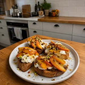 Pfirsich-Burrata-Crostini mit Pistazien-Chili-Honig