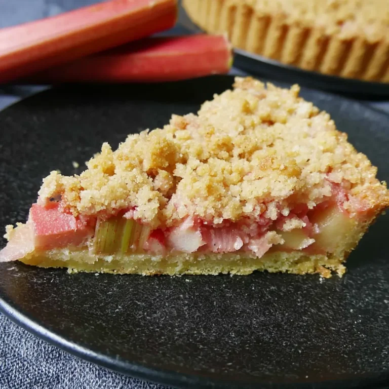 Rhabarberkuchen mit Streuseln auf Mürbteig