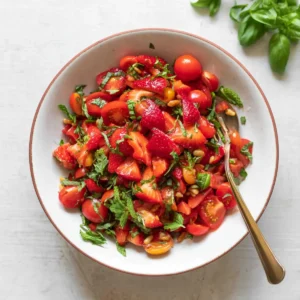 Salat mit Erdbeeren, Tomaten, Minze und Basilikum