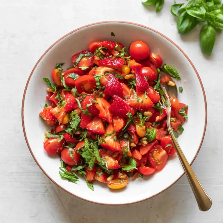 Salat mit Erdbeeren, Tomaten, Minze und Basilikum
